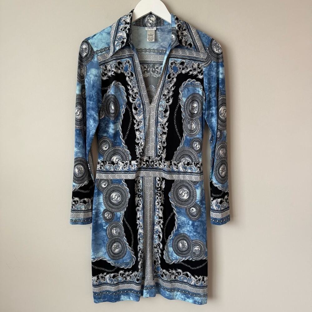 Cache | Liquid Jersey Knit Blue Greek Print Shift Dress Size Medium